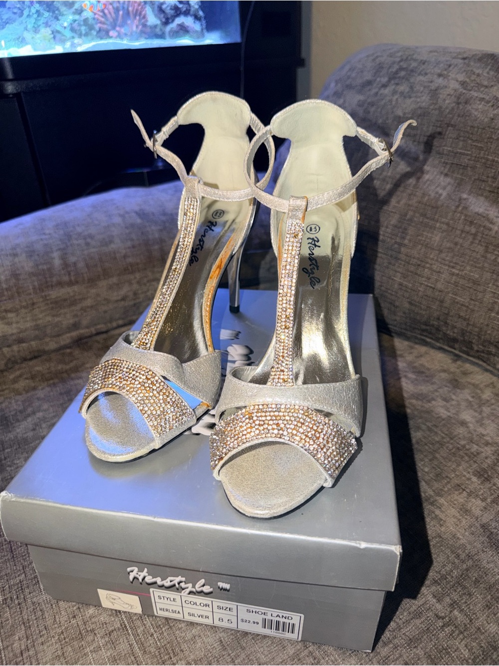 Herstyle Herlsea Silver Rhinestone T Strap Stiletto Heels Women’s 8.5